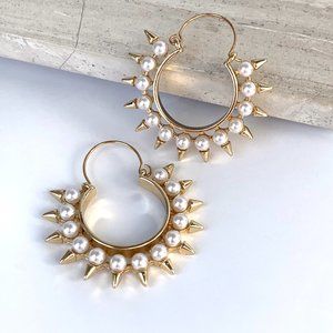 NEW~ Anthropologie Spiked Pearl Gold Hoop Earrings